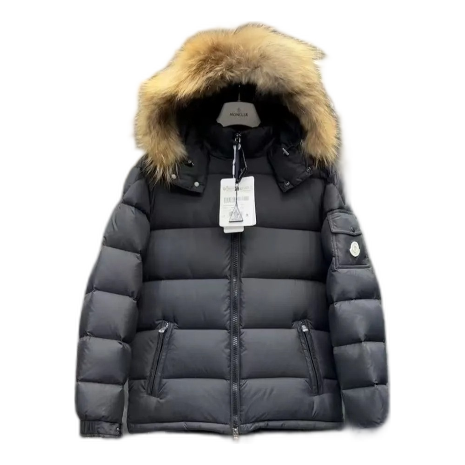 Moncler Fur-Trim Hooded Short Puffer Jacket in Black