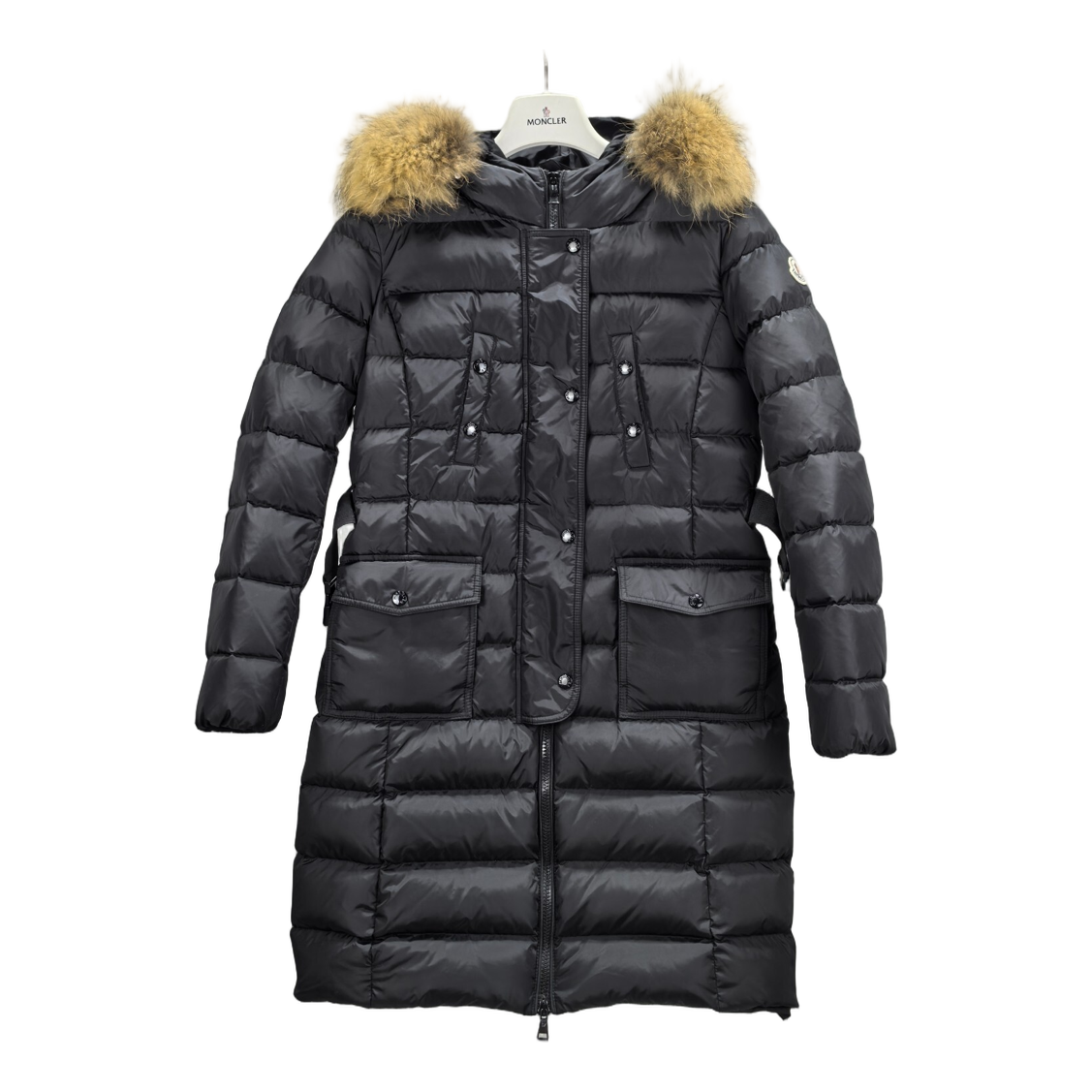 Moncler Four-Pocket Fur-Trim Hooded Long Puffer Coat in Black