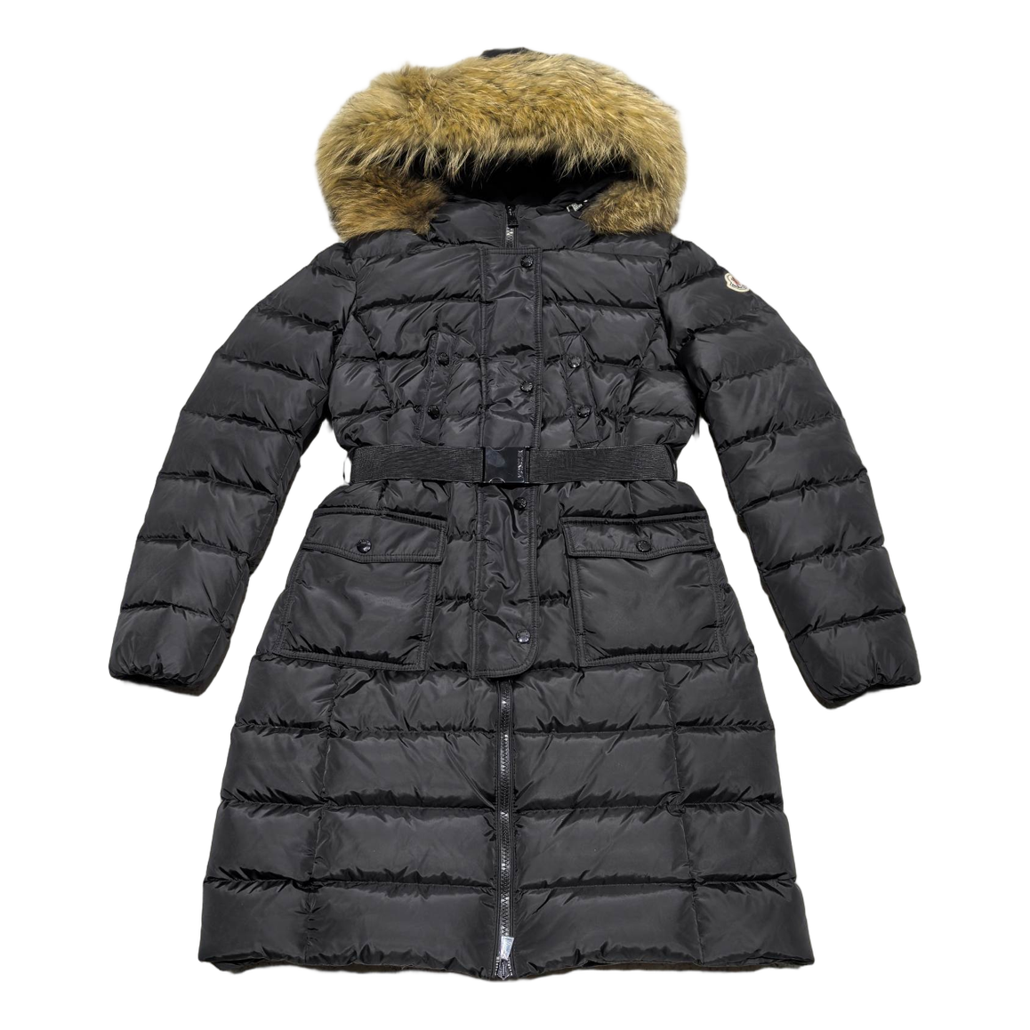 Moncler Four-Pocket Fur-Trim Hooded Long Puffer Coat in Black