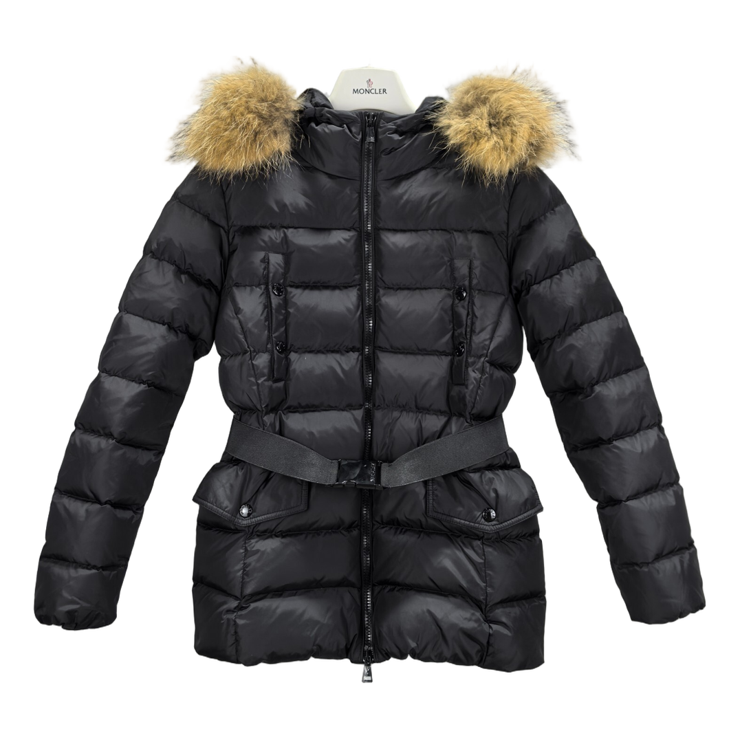 Moncler Four-Pocket Belted Fur-Trim Puffer Jacket in Black