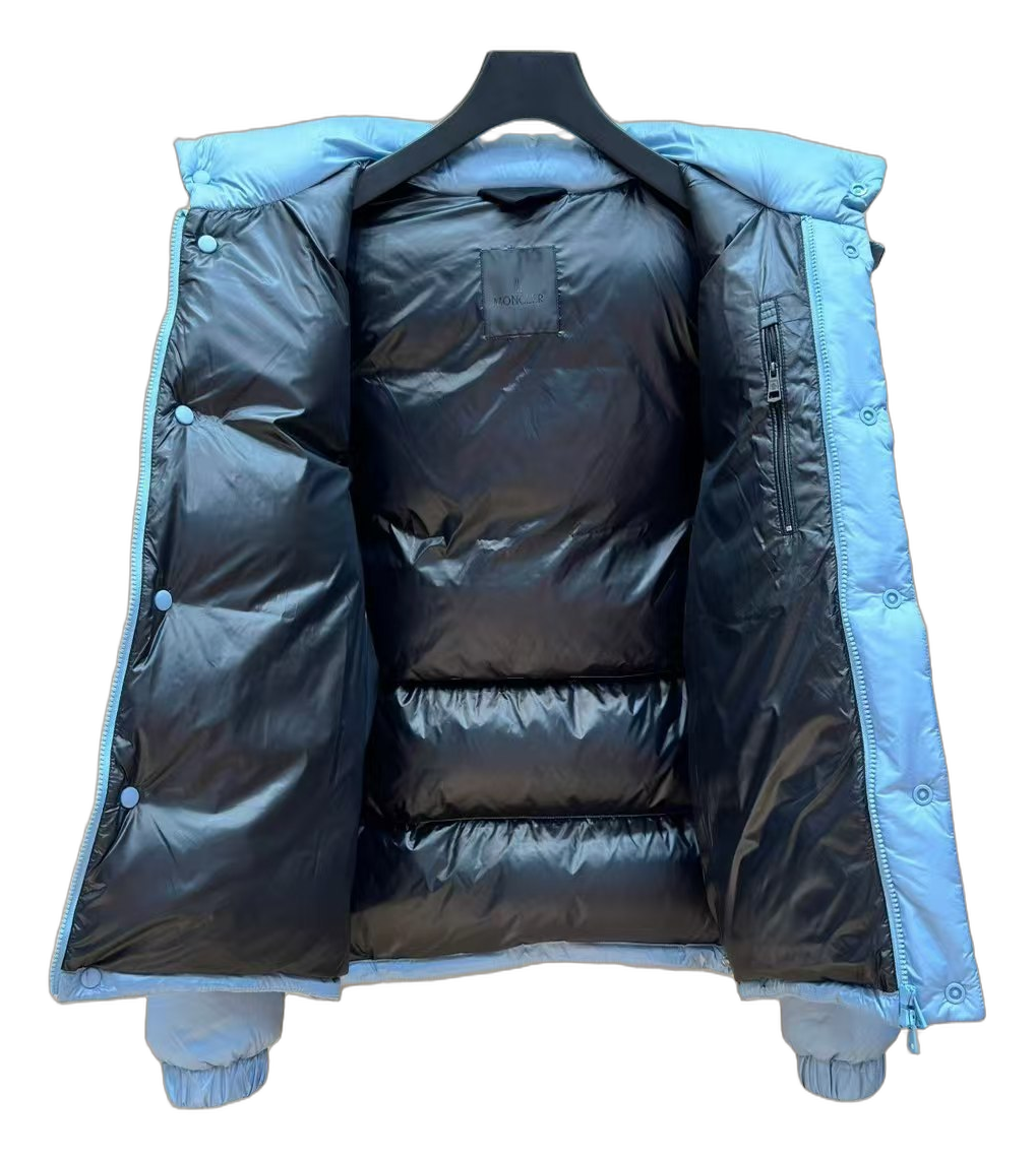 Moncler Orange-Badge Hooded Puffer Jacket in Ice Blue