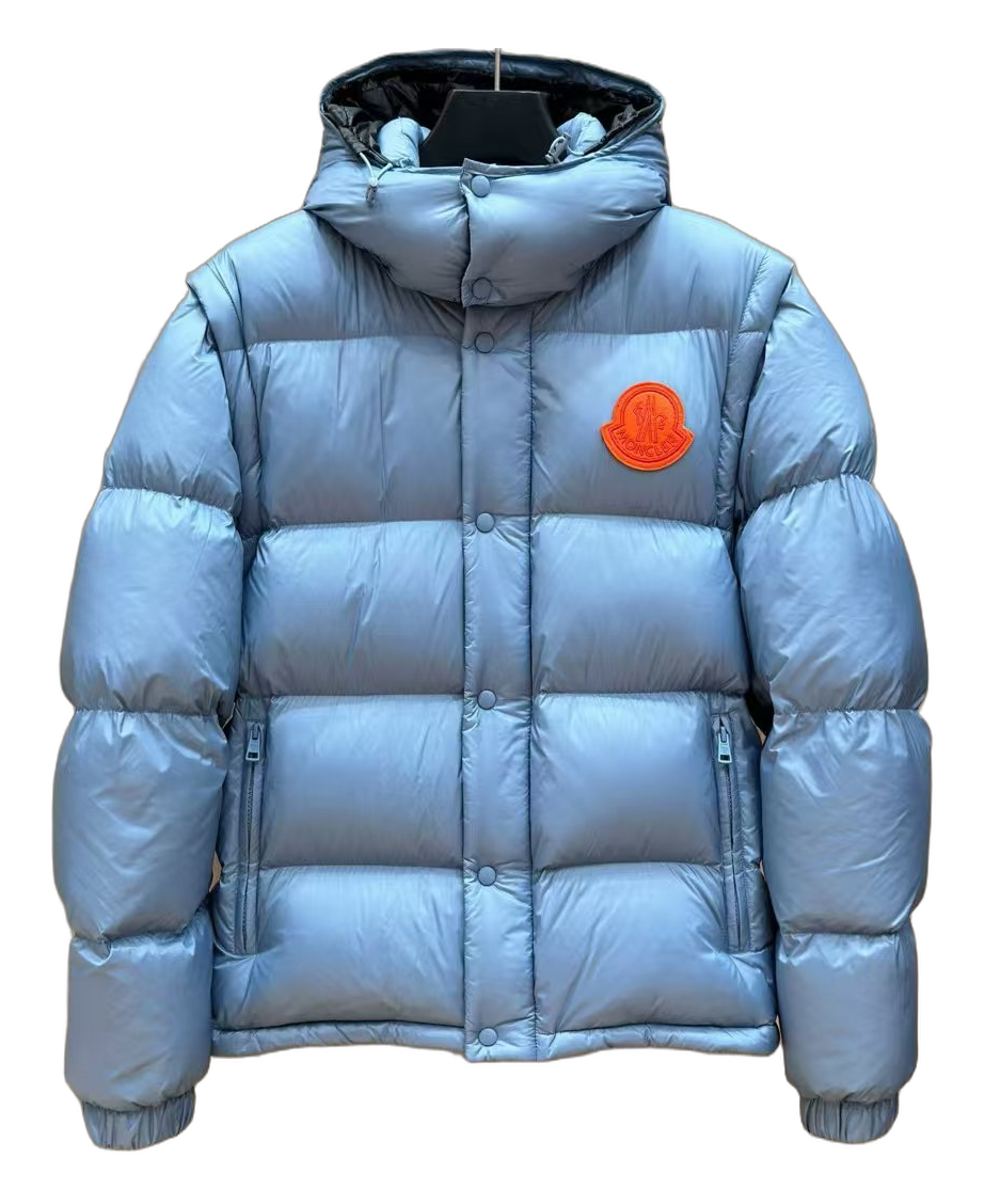 Moncler Orange-Badge Hooded Puffer Jacket in Ice Blue