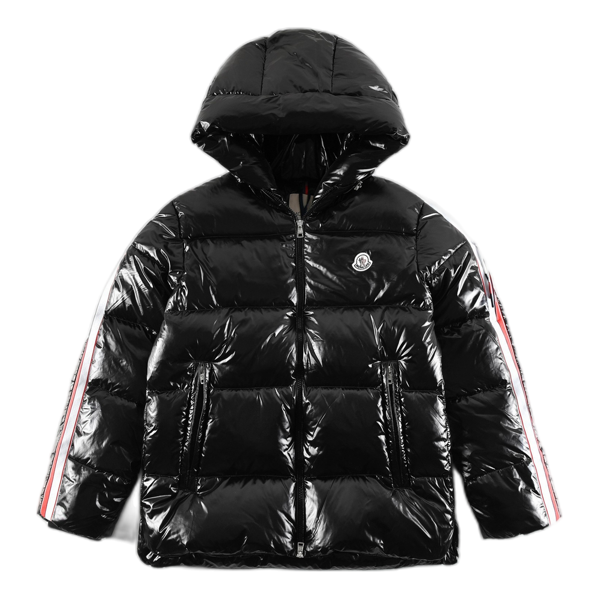 Moncler Tricolour Sleeve-Stripe Glossy Hooded Puffer Jacket