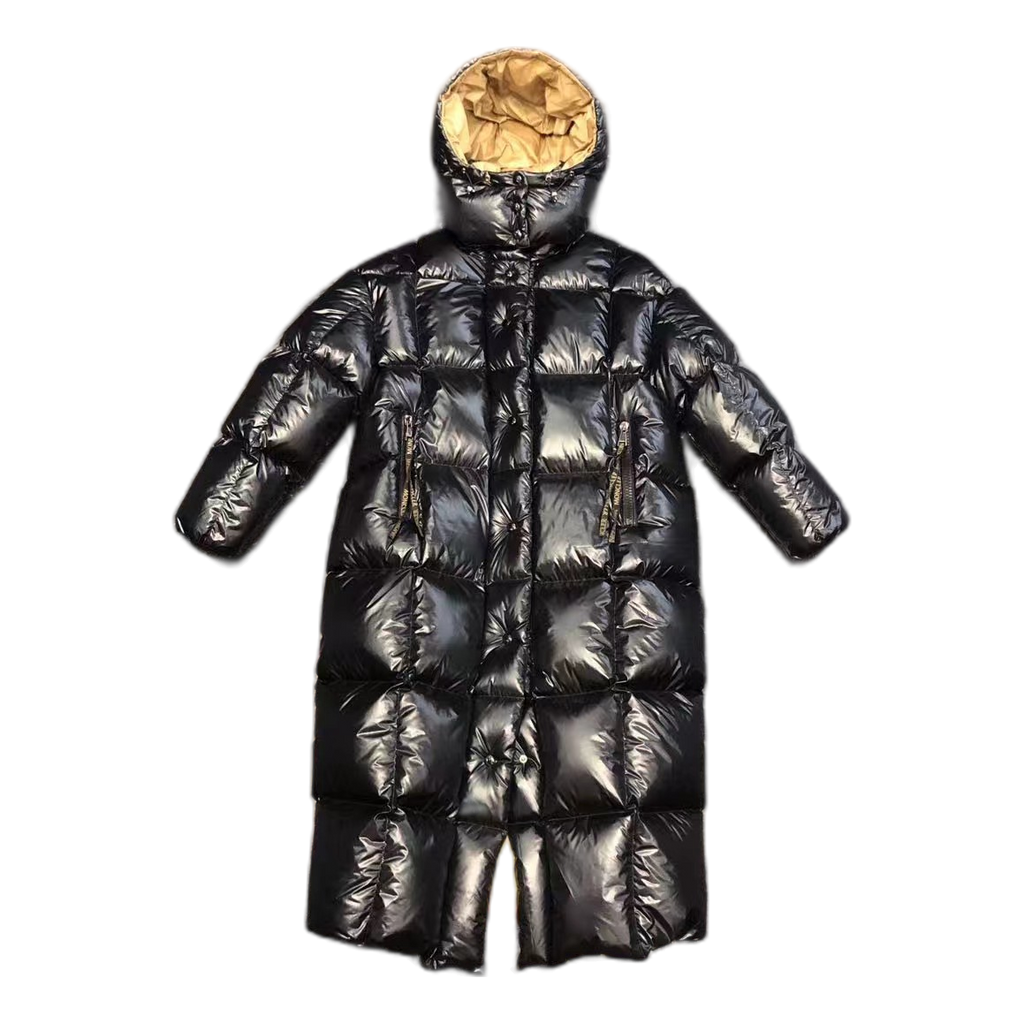 Moncler Gold-Lined Glossy Long Puffer Coat in Black
