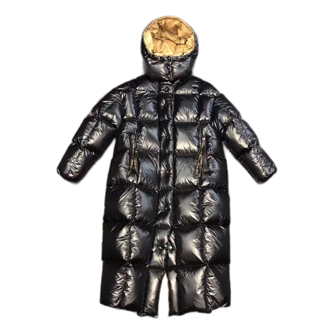 Moncler Gold-Lined Glossy Long Puffer Coat in Black