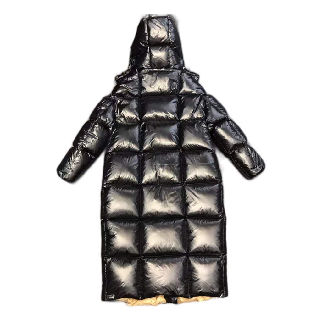 Moncler Gold-Lined Glossy Long Puffer Coat in Black