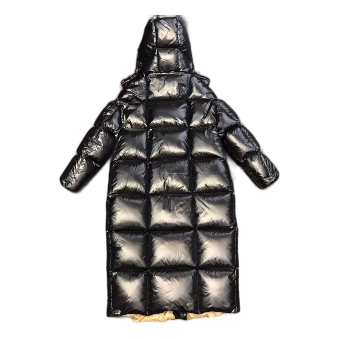Moncler Gold-Lined Glossy Long Puffer Coat in Black