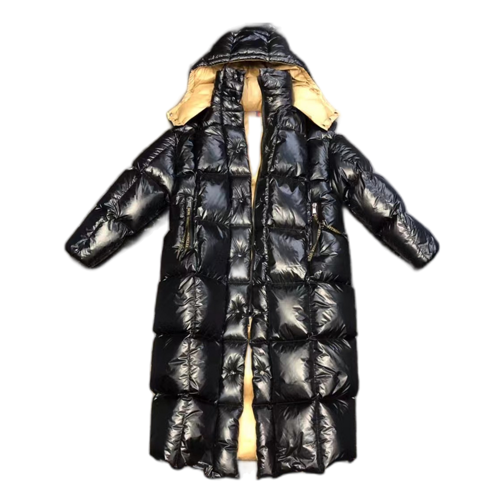 Moncler Gold-Lined Glossy Long Puffer Coat in Black