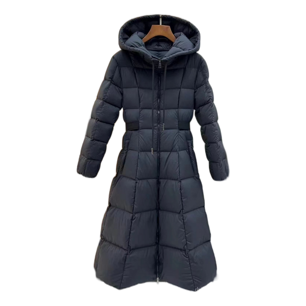 Moncler Drawstring-Hood Fitted Long Puffer Coat in Black