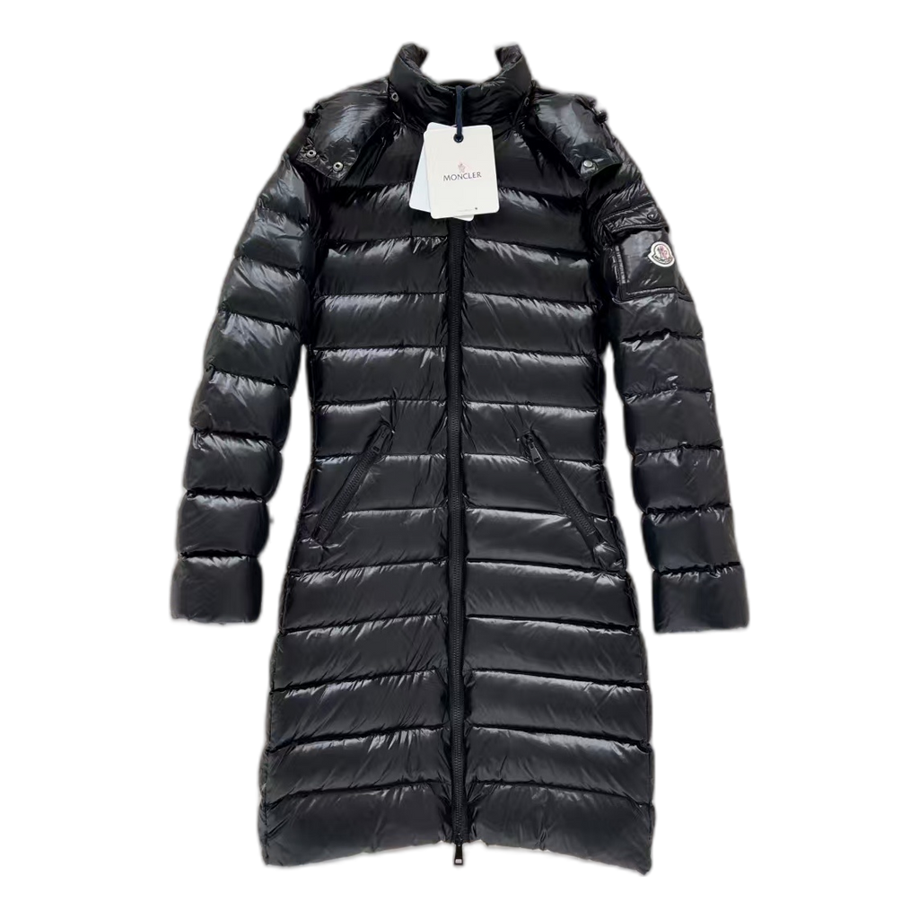Moncler Narrow-Quilt Fur-Trim Hooded Long Puffer Coat in Black