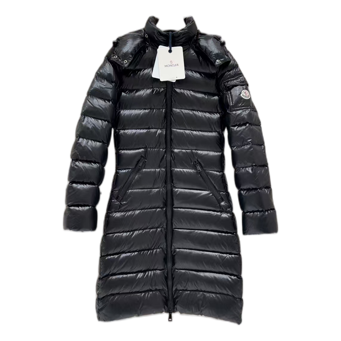Moncler Narrow-Quilt Fur-Trim Hooded Long Puffer Coat in Black