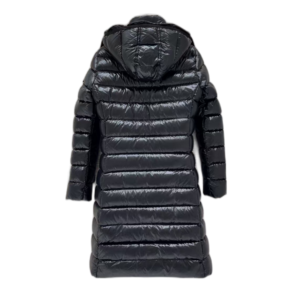 Moncler Narrow-Quilt Fur-Trim Hooded Long Puffer Coat in Black
