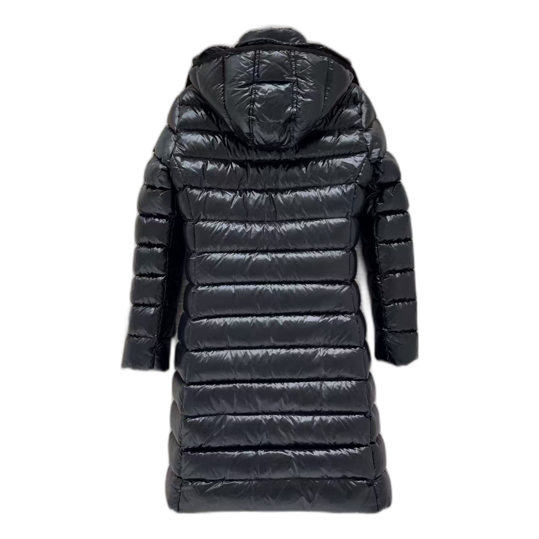 Moncler Narrow-Quilt Fur-Trim Hooded Long Puffer Coat in Black