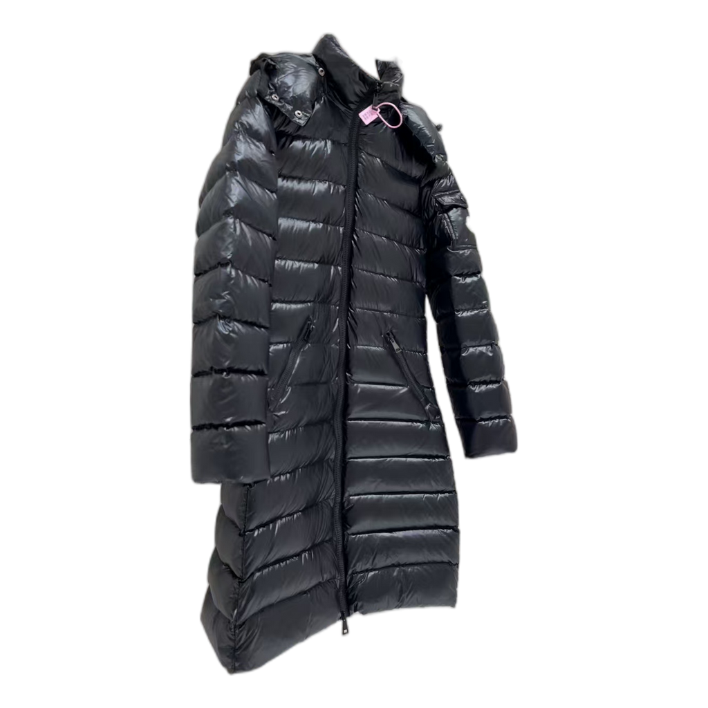 Moncler Narrow-Quilt Fur-Trim Hooded Long Puffer Coat in Black