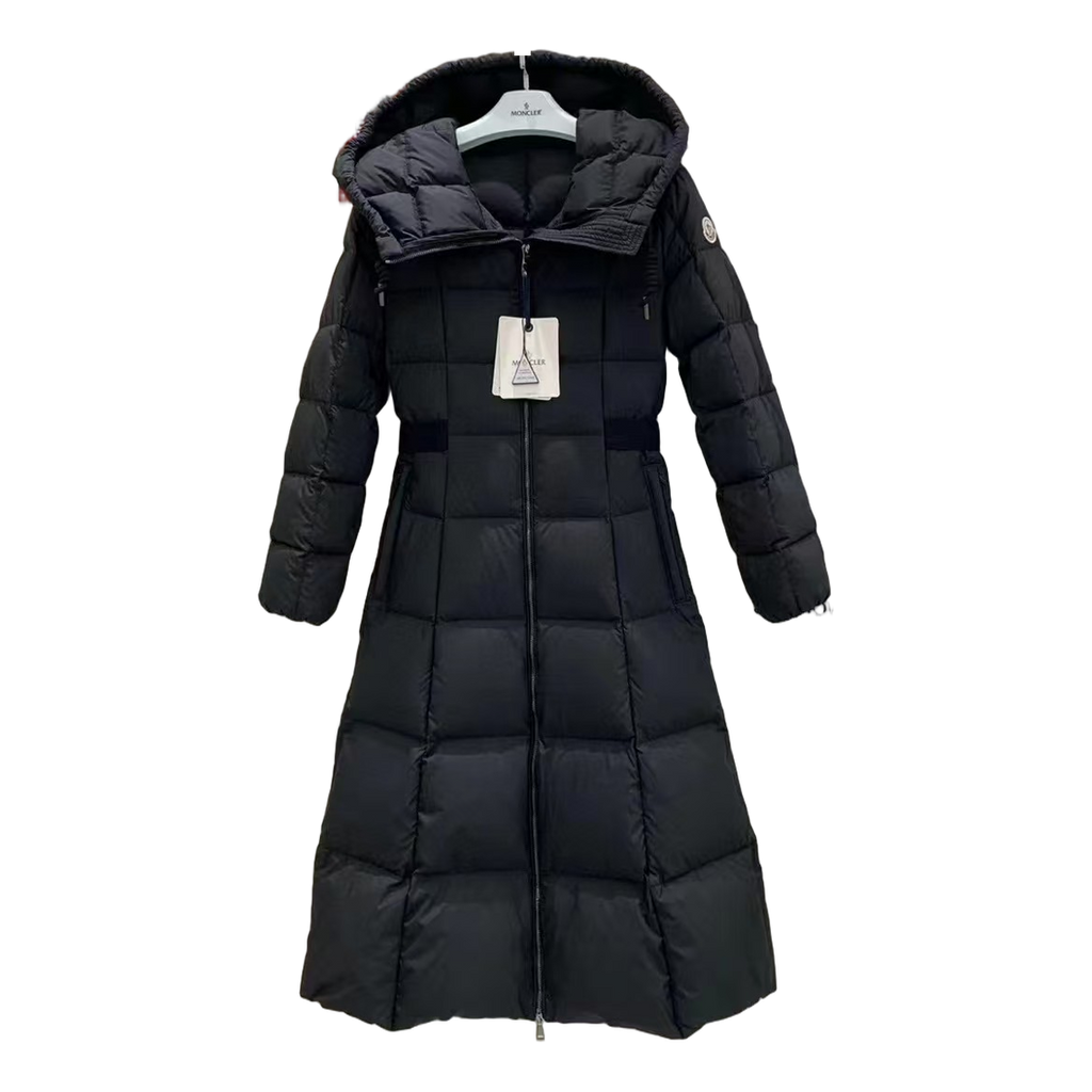 Moncler Fitted Long Hooded Puffer Coat in Black