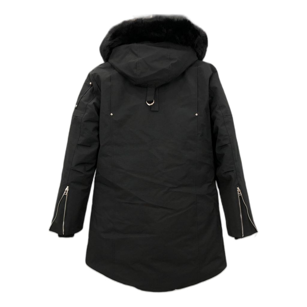 Moose Knuckles Curved-Hem Fur-Trim Hooded Parka in Black