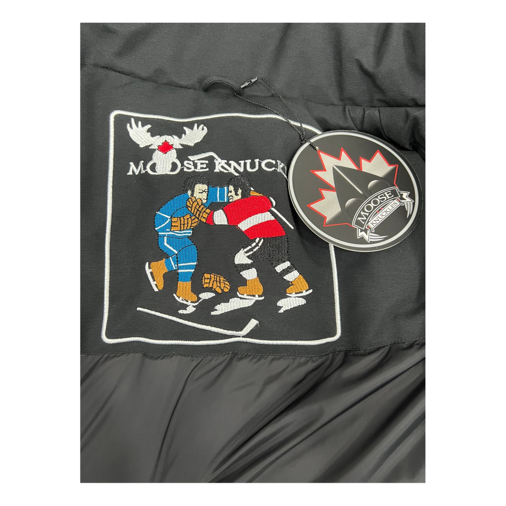 Moose Knuckles Curved-Hem Fur-Trim Hooded Parka in Black