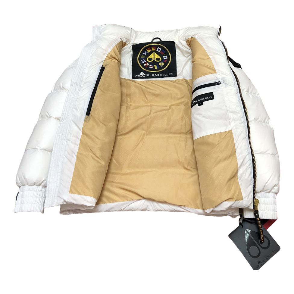 Moose Knuckles Logo-Zip Quilted Puffer Bomber Jacket in Off White