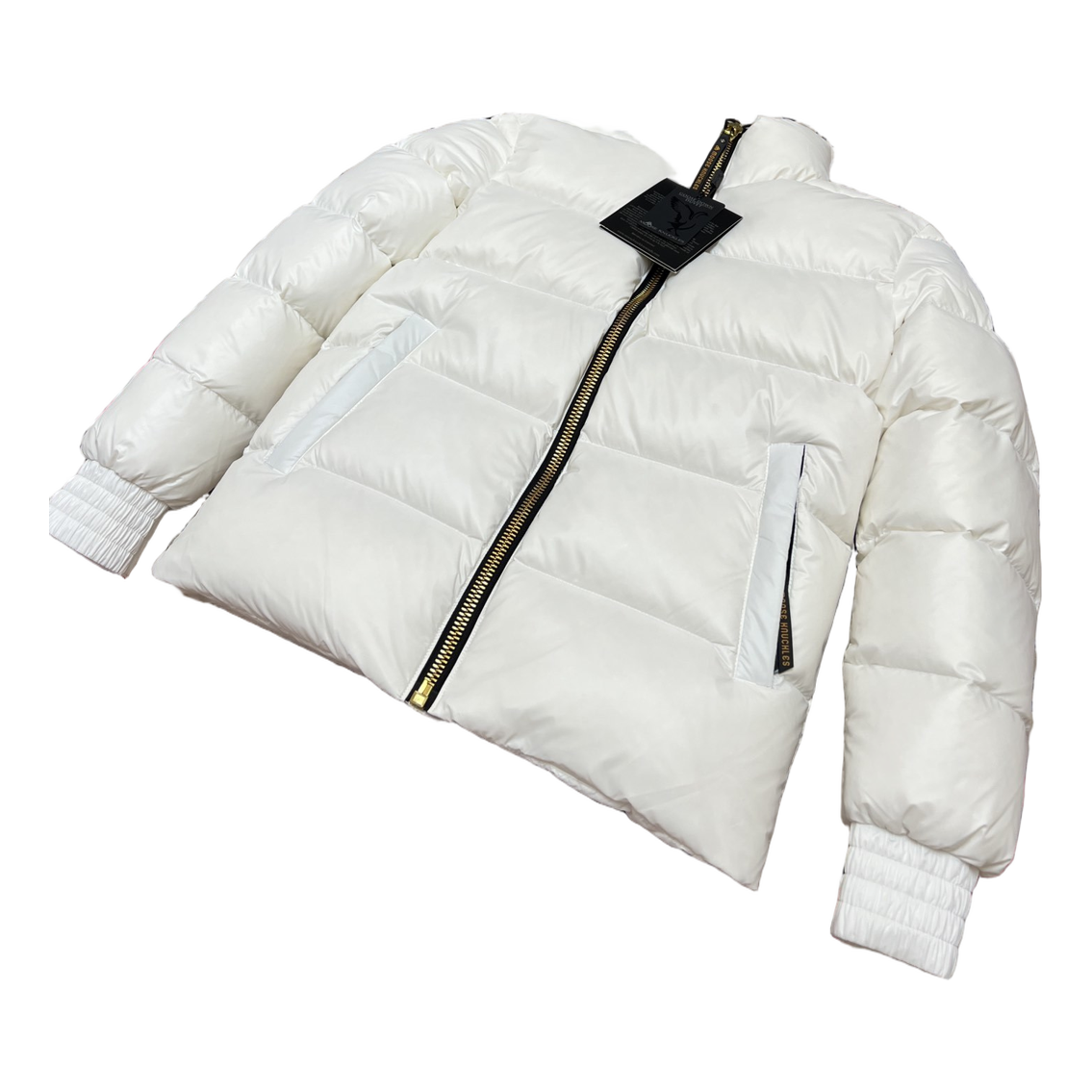 Moose Knuckles Logo-Zip Quilted Puffer Bomber Jacket in Off White