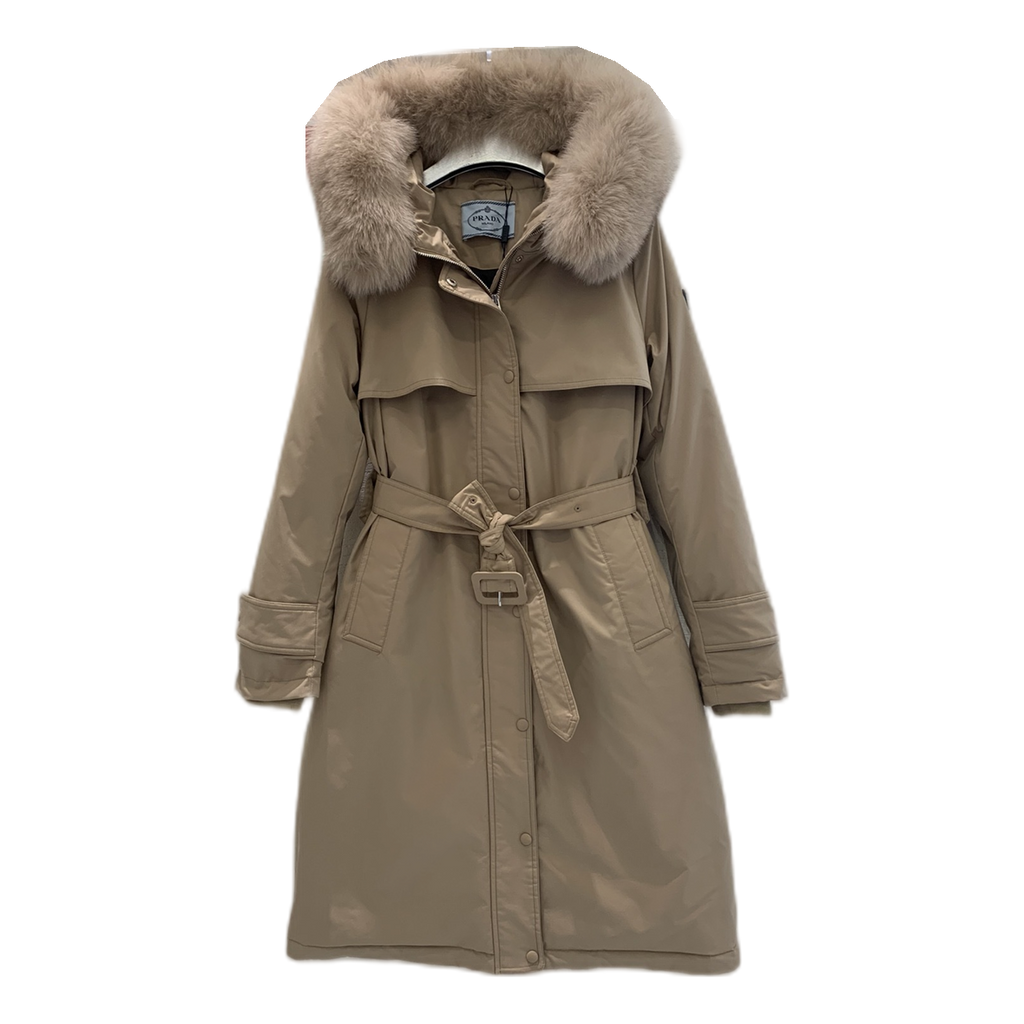 Prada Belted Fur-Trim Hooded Coat in Beige