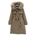 Prada Belted Fur-Trim Hooded Coat in Beige
