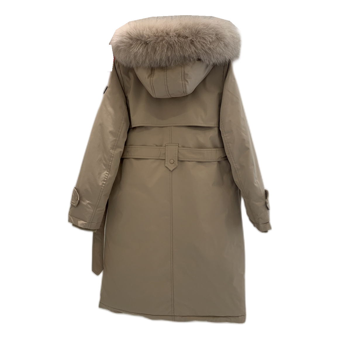 Prada Belted Fur-Trim Hooded Coat in Beige