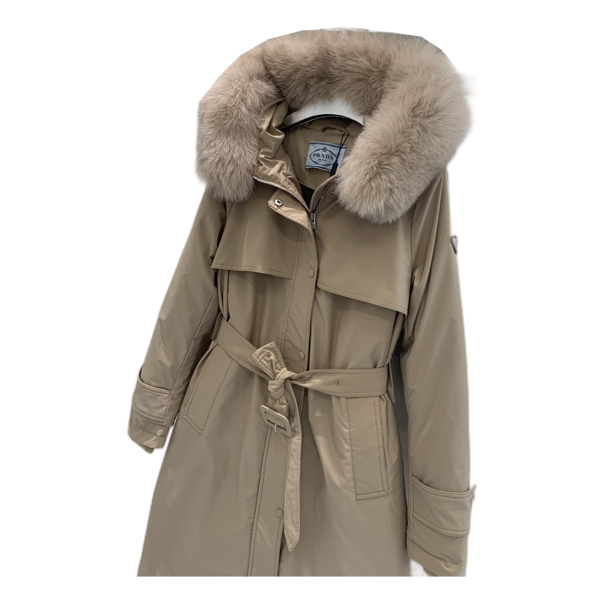 Prada Belted Fur-Trim Hooded Coat in Beige