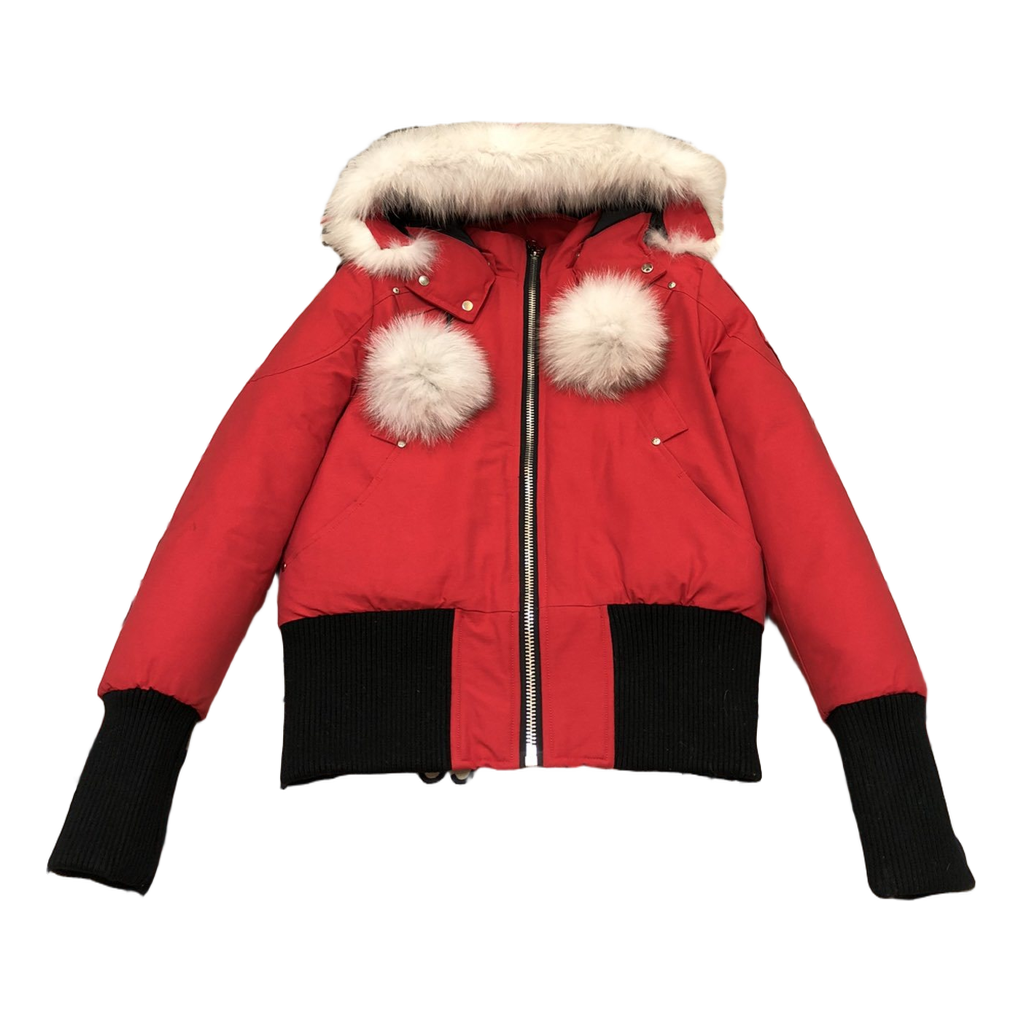 Moose Knuckles Debbie Pom-Pom Hooded Bomber Jacket in Red