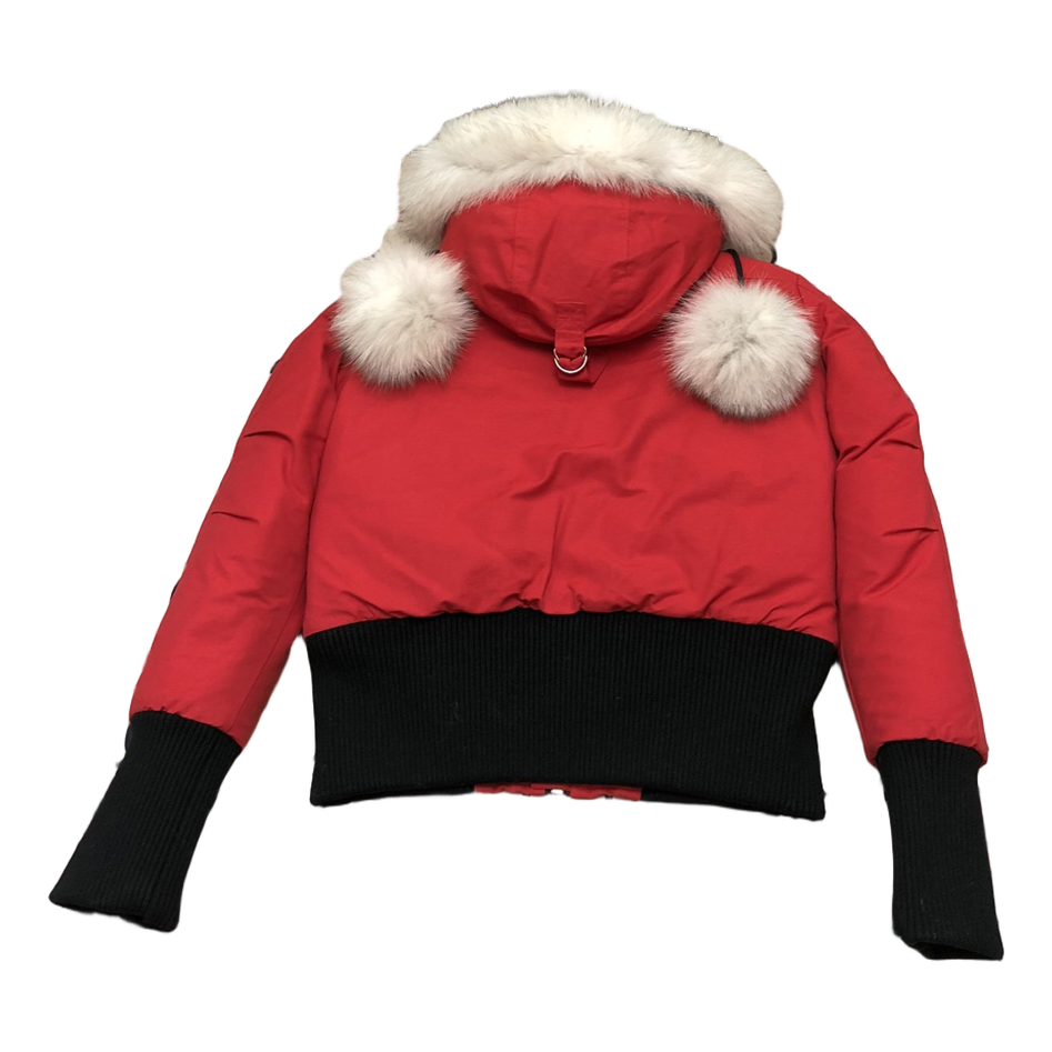 Moose Knuckles Debbie Pom-Pom Hooded Bomber Jacket in Red