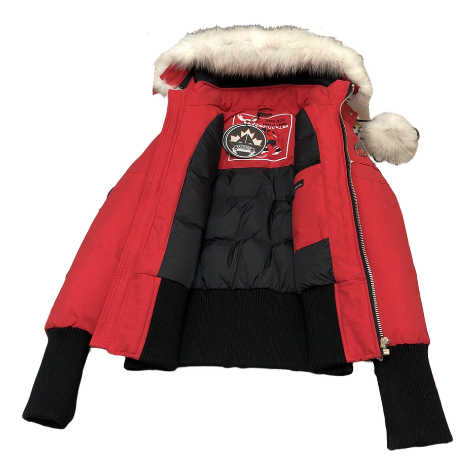 Moose Knuckles Debbie Pom-Pom Hooded Bomber Jacket in Red