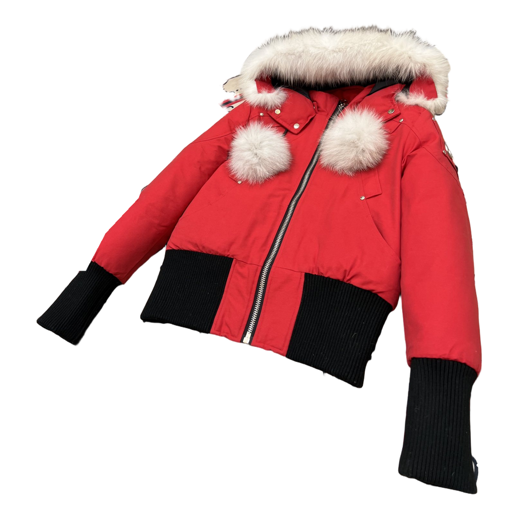 Moose Knuckles Debbie Pom-Pom Hooded Bomber Jacket in Red