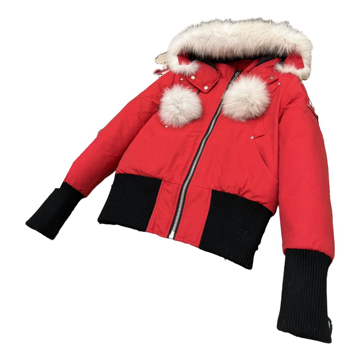 Moose Knuckles Debbie Pom-Pom Hooded Bomber Jacket in Red