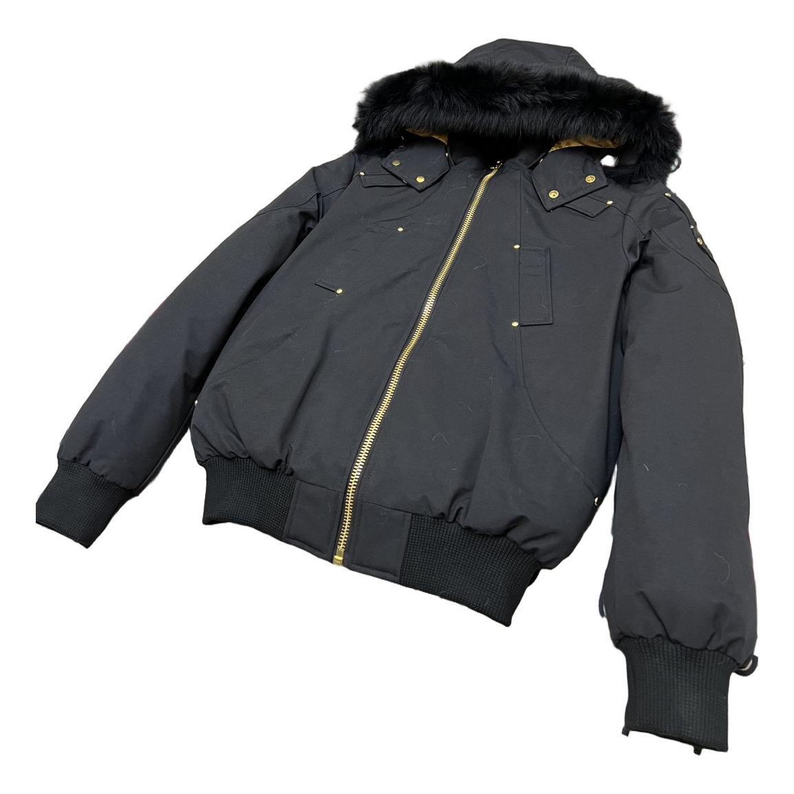Moose Knuckles Gold Ballistic Fur-Trim Bomber Jacket in Black