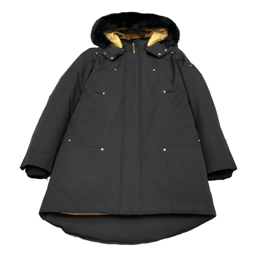 Moose Knuckles Gold-Lined Fur-Trim Long Parka in Black