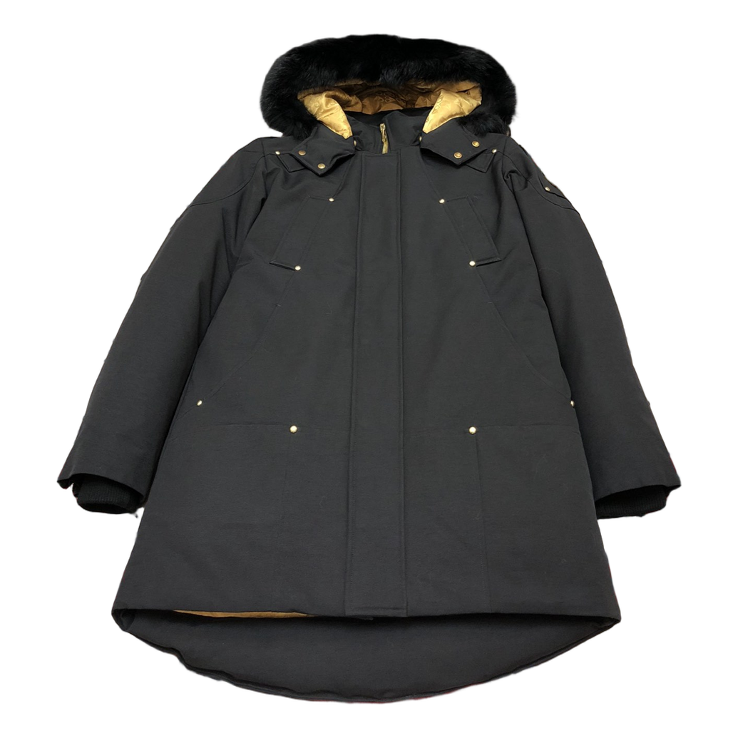 Moose Knuckles Gold-Lined Fur-Trim Long Parka in Black
