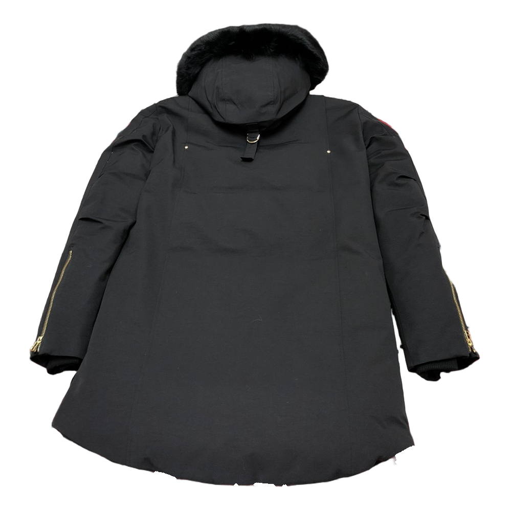Moose Knuckles Gold-Lined Fur-Trim Long Parka in Black