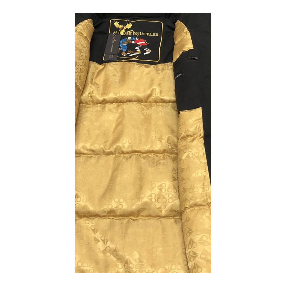 Moose Knuckles Gold-Lined Fur-Trim Long Parka in Black
