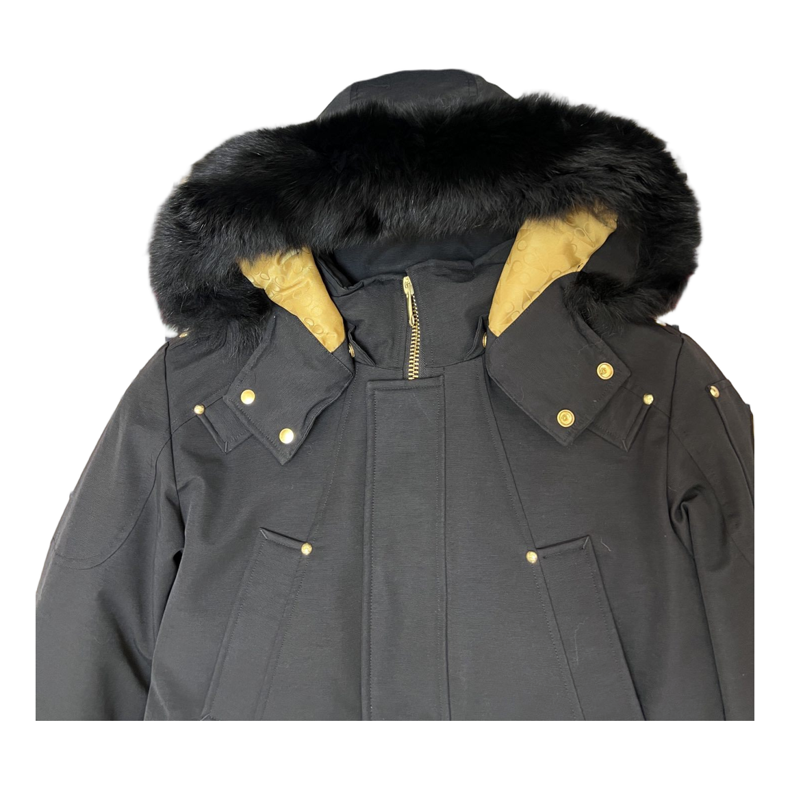 Moose Knuckles Gold-Lined Fur-Trim Long Parka in Black