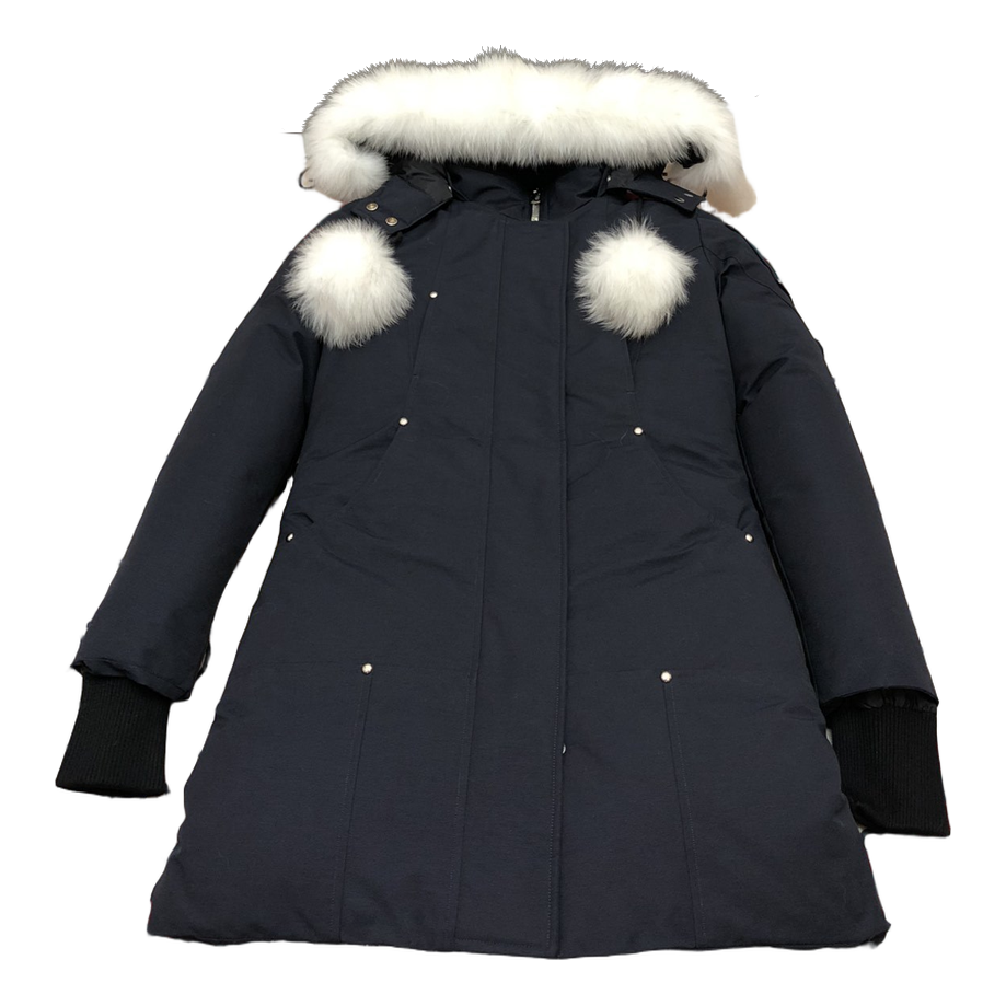 Moose Knuckles Stirling Pom-Pom Fur-Trim Parka in Navy