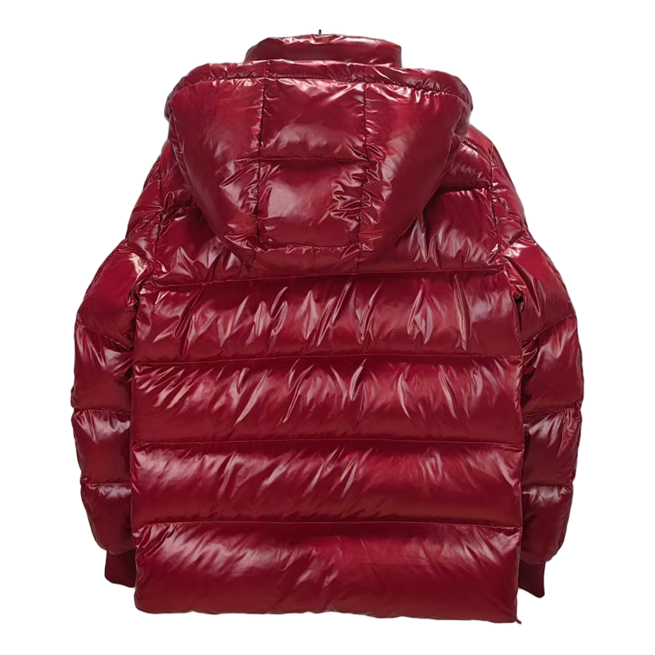 Moncler Logo-Zip Glossy Hooded Puffer Jacket in Red