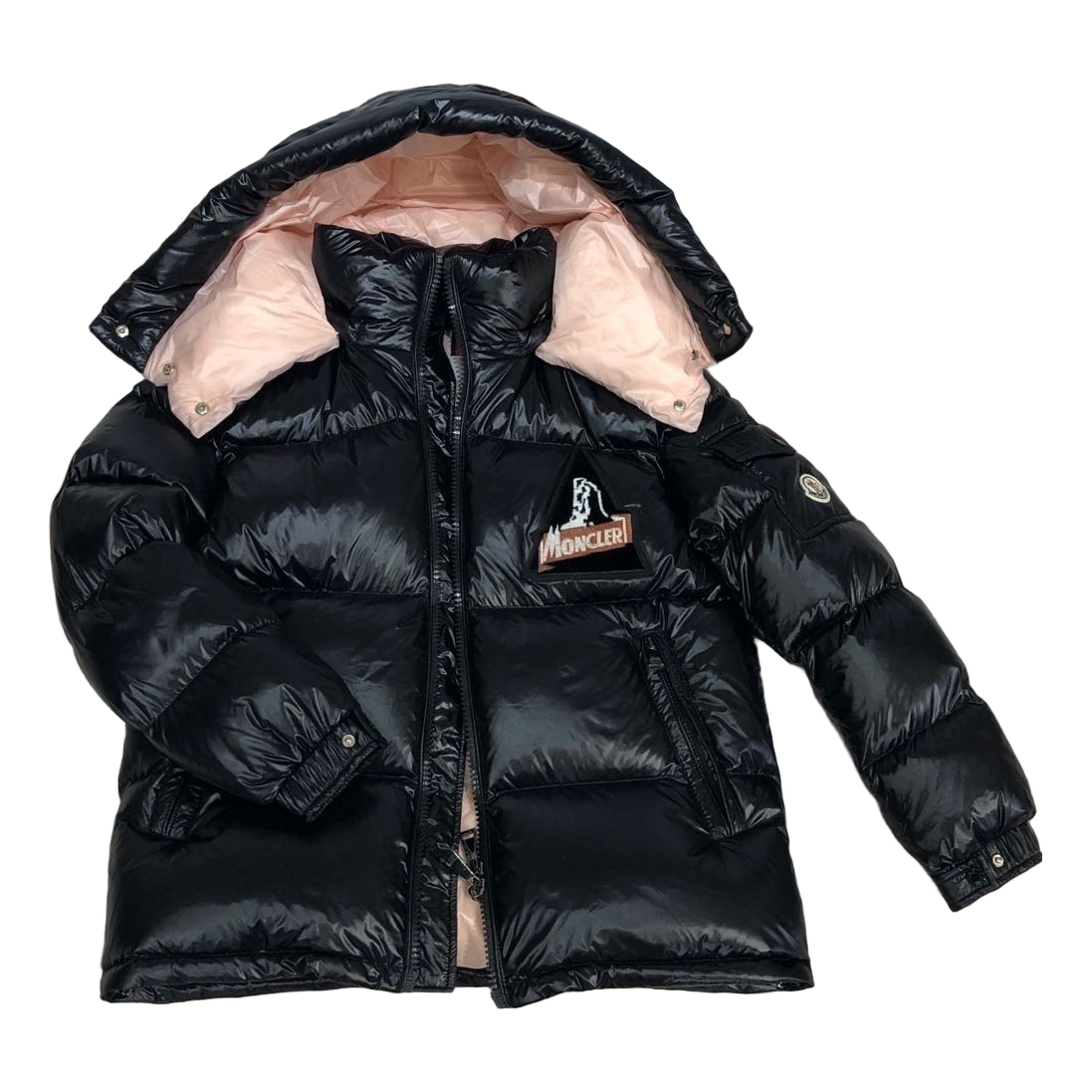 Moncler Mountain-Badge Glossy Short Puffer Jacket in Black