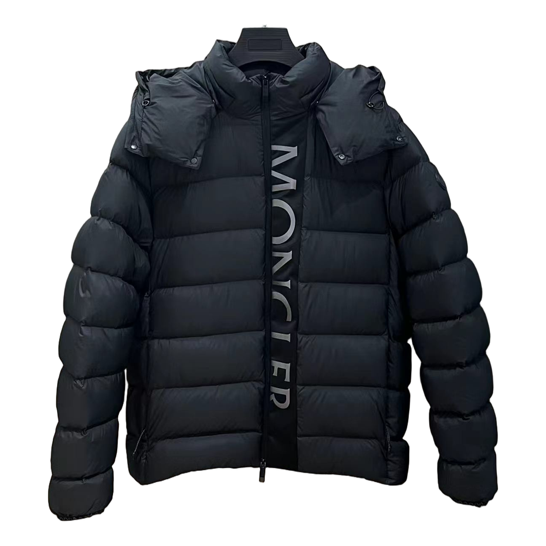 Moncler Vertical-Logo Placket Hooded Puffer Jacket in Black