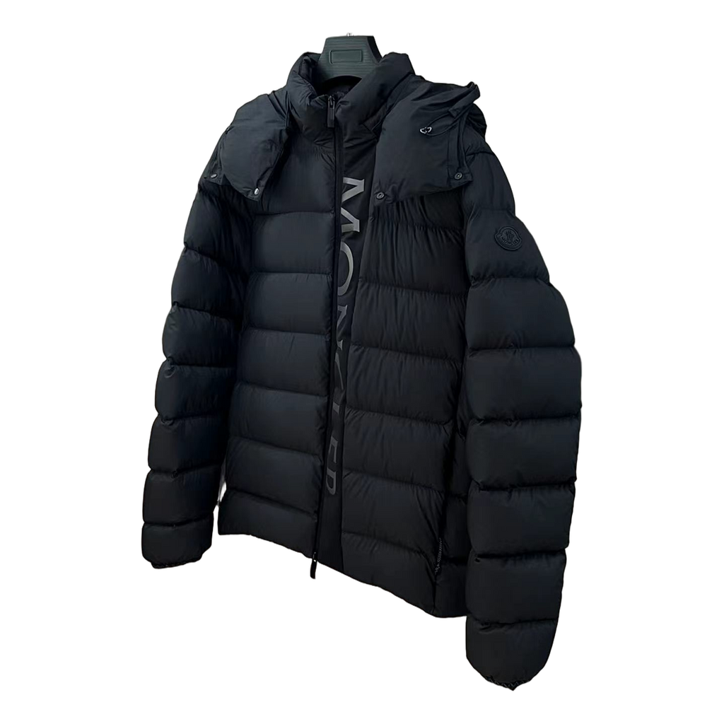 Moncler Vertical-Logo Placket Hooded Puffer Jacket in Black
