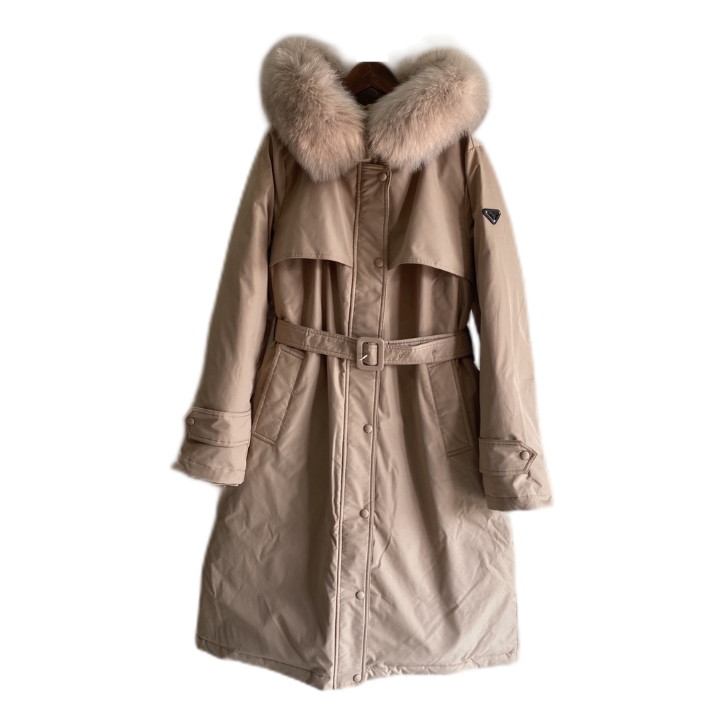 Prada Belted Fur-Trim Hooded Coat in Blush Beige