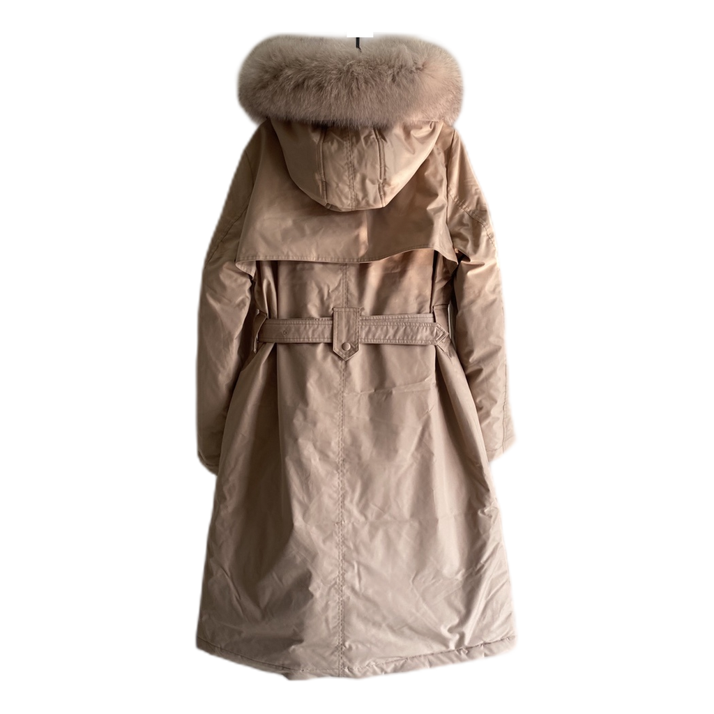 Prada Belted Fur-Trim Hooded Coat in Blush Beige