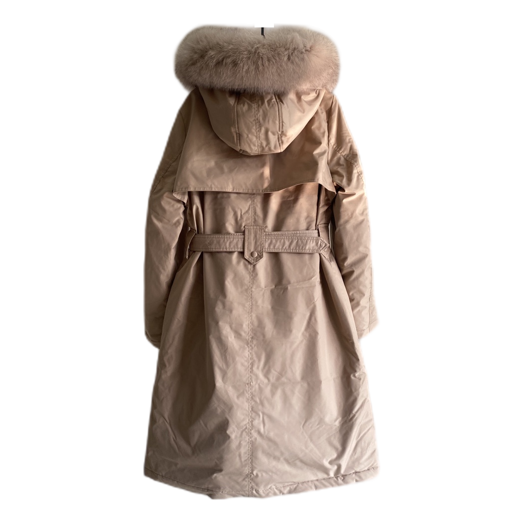 Prada Belted Fur-Trim Hooded Coat in Blush Beige