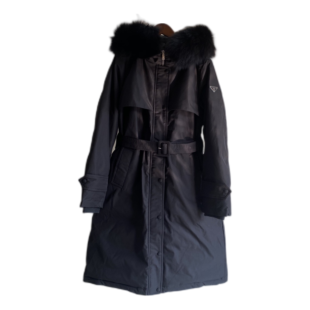 Prada Belted Fur-Trim Hooded Coat in Black
