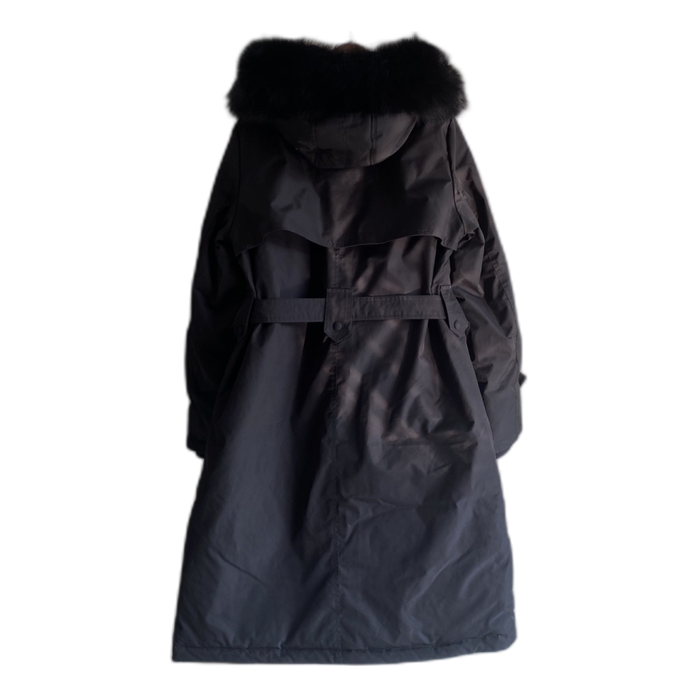 Prada Belted Fur-Trim Hooded Coat in Black